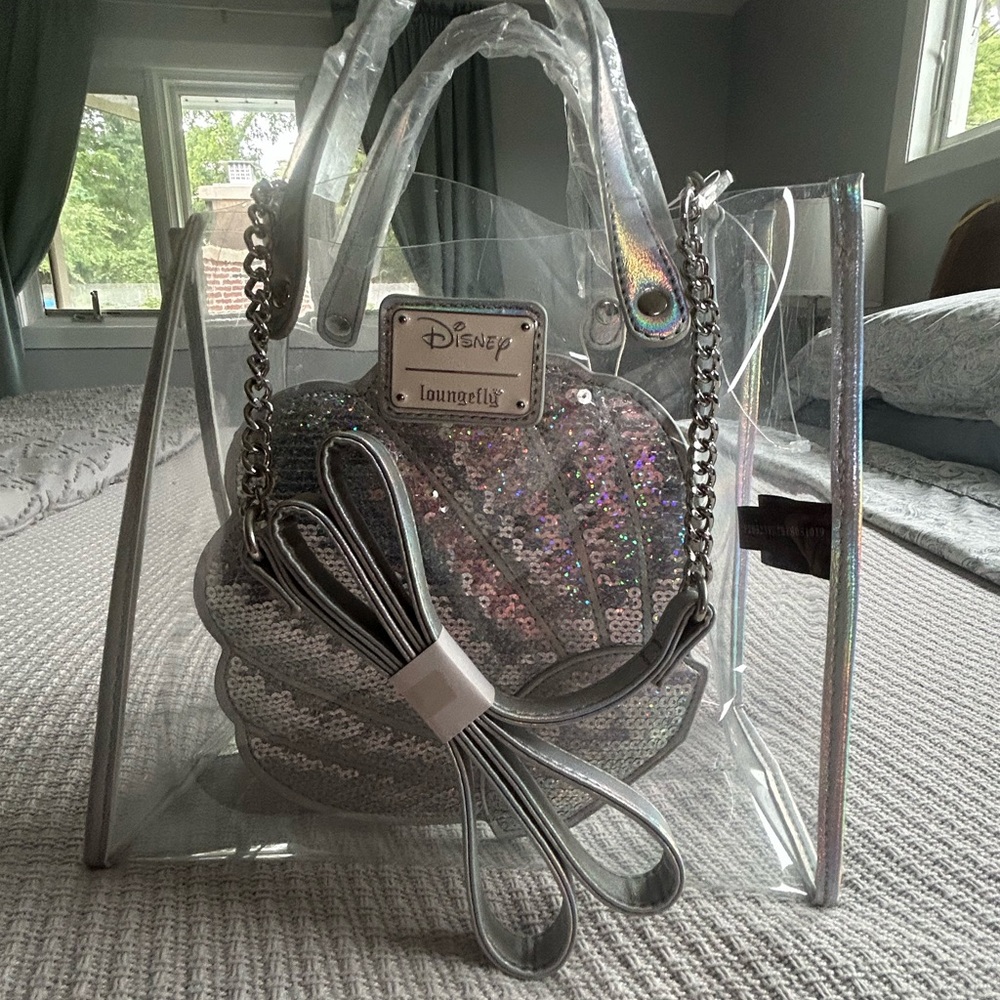 Disney Loungefly Iridescent Silver Sequin shell bag in tote